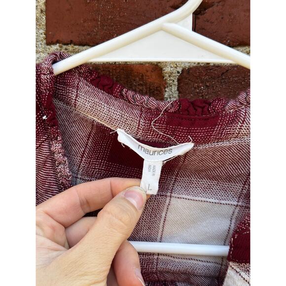 Maurices Burgundy Plaid Button Front Blouse Women’s Large Long Sleeve Shirt - Picture 2 of 4